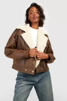 image of Vintage Wash Faux Leather Aviator Jacket