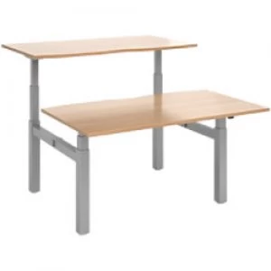 Image of Elev8² Rectangular Sit Stand Back to Back Desk with Beech Coloured Melamine Top and Silver Frame 4 Legs Touch 1400 x 1650 x 675 - 1300 mm