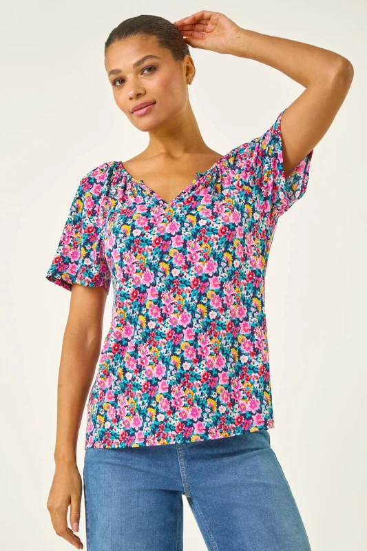 Image of Roman Womens Floral Gathered V-Neck Stretch Top Size: 14 Multicolor Female 14