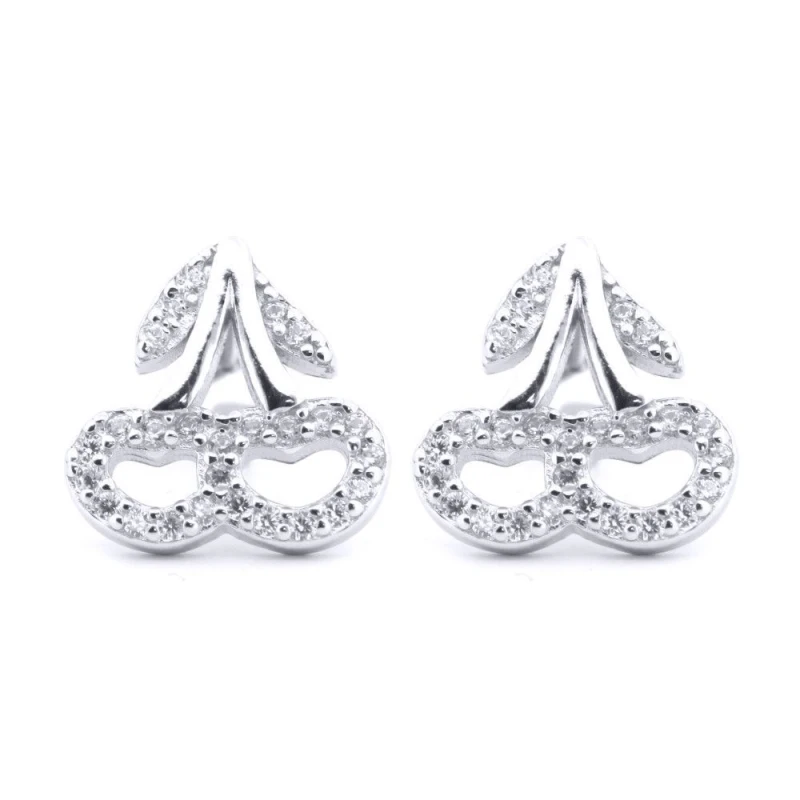 Image of Jewelco London Silver Round CZ Love Heart Cherry Pair Drops Stud Earrings - AES199 Silver female