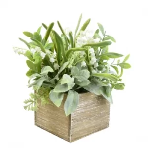 Image of Faux Herbs and Snowdrops in Rustic Wooden Box