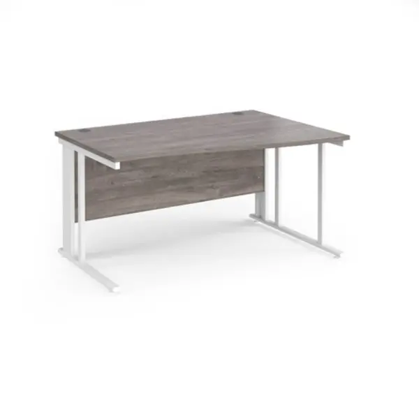 Image of Maestro 25 right hand wave desk 1400mm wide - white cable managed leg frame, grey oak top