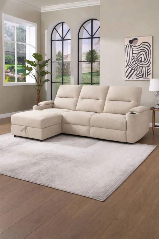 Image of More4Homes Avery 3 Seater Electric Recliner Chaise Lounge Fabric Sofa in Beige Beige Unisex 3 Seater