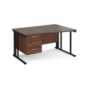 image of Office Desk Right Hand Wave Desk 1400mm With Pedestal Walnut Top With Black Frame Maestro 25 MCM14WRP3KW