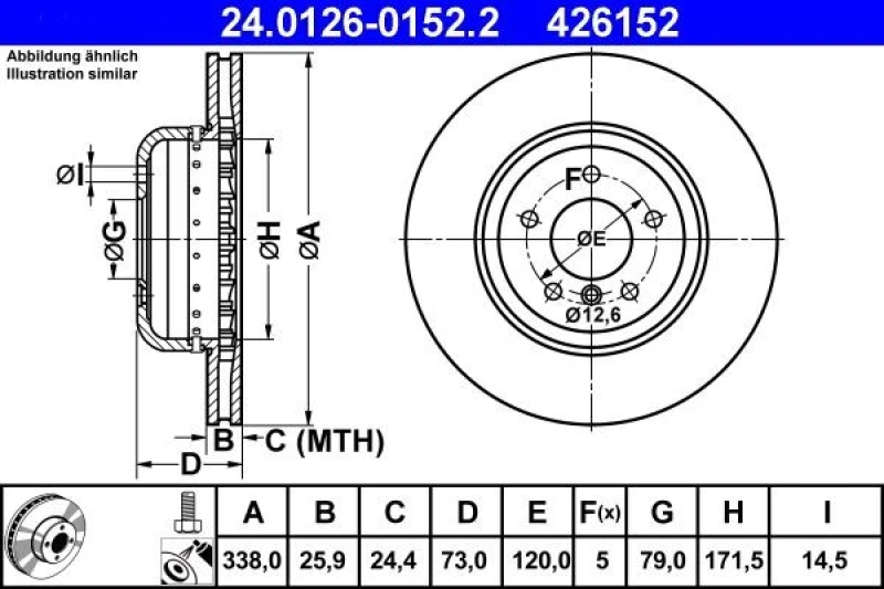 Image of ATE 24.0126-0152.2 Brake disc Vented, Coated, High-carbon, with bolts/screws Brake Disc (82)