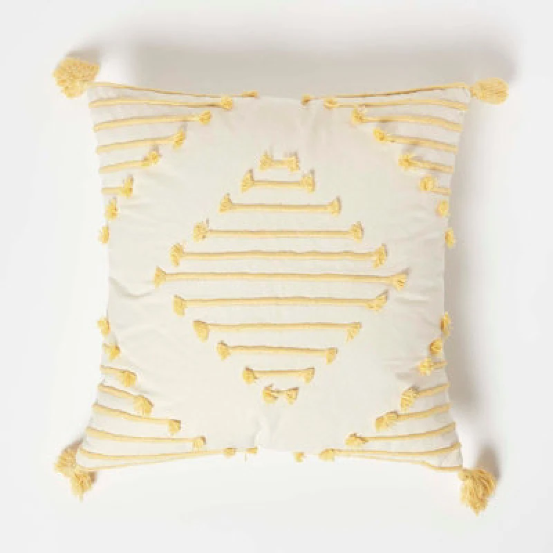 Image of Homescapes Yellow Geometric Tassel Cotton Cushion Yellow unisex
