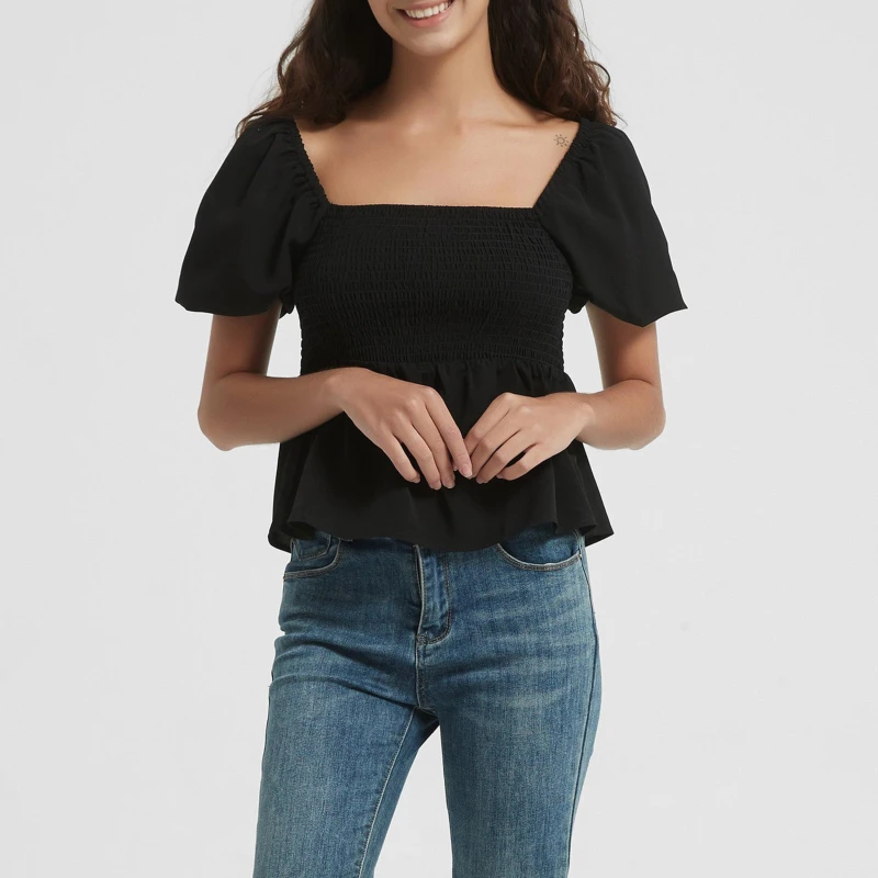 Image of Be You Sleeve Peplum Top Blouses - Short Sleeve 8 (XS) Black 31792240310
