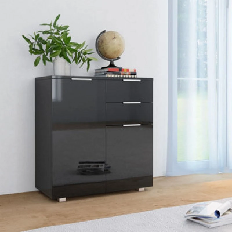 Image of vidaXL Sideboard High Gloss Black Engineered Wood Drawer Cabinet Organiser
