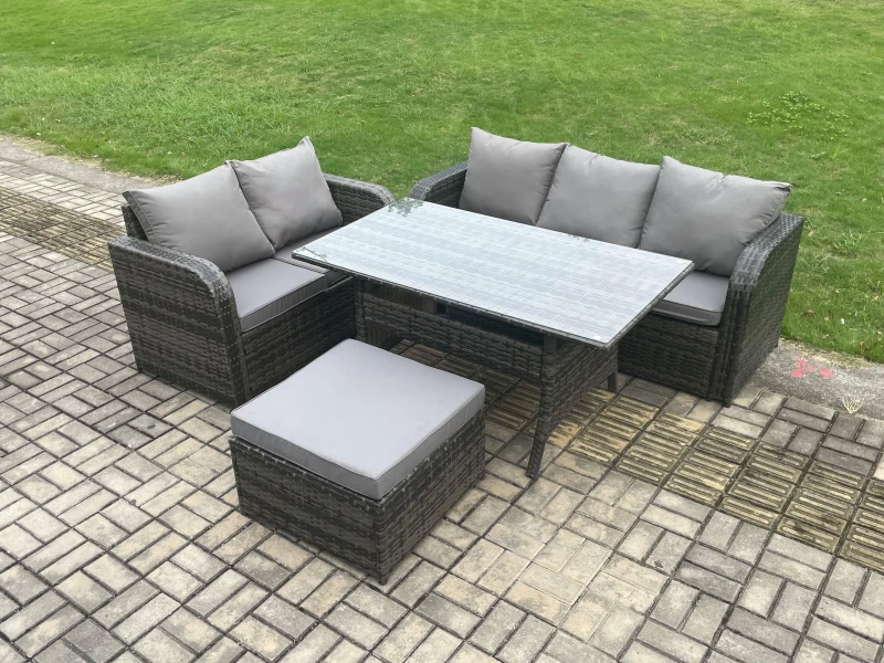 Image of Fimous Outdoor Garden Patio Furniture Wicker Rattan Oblong Rectangular Dining Table & Lounge Sofa set with Big Footstool Dark Grey Mixed Dark Grey Uni