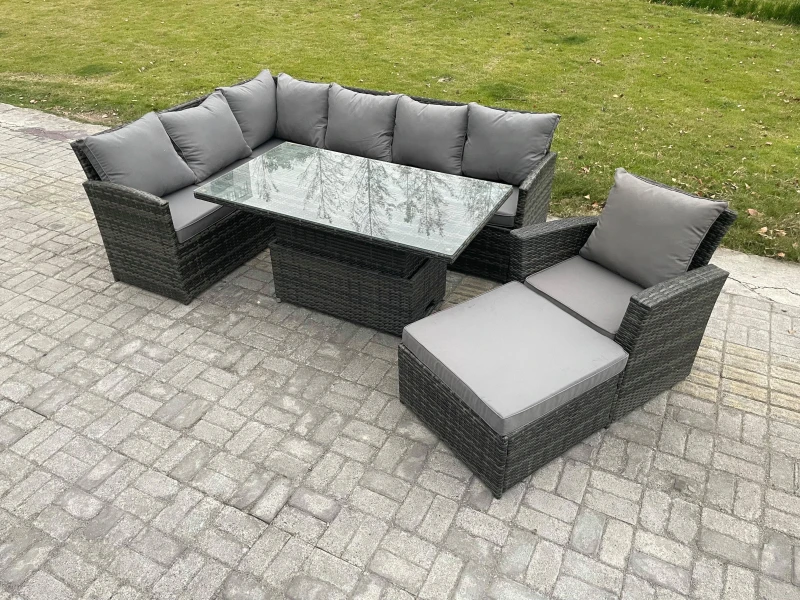 Image of Fimous Wicker PE Outdoor Rattan Garden Furniture Set Height Adjustable Rising Lifting Table Sofa Dining Set with Big Footstool Armchair in Dark Grey D