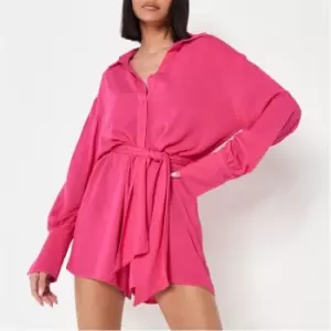 image of Missguided Cheesecloth Belted Button Front Playsuit - Pink