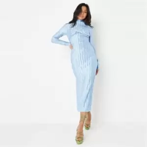 image of Missguided Plisse Twist Detail Long Sleeve Dress - Blue