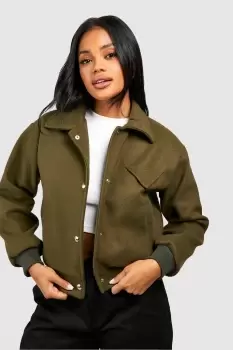 Image of Wool Look Collar Detail Crop Bomber Jacket