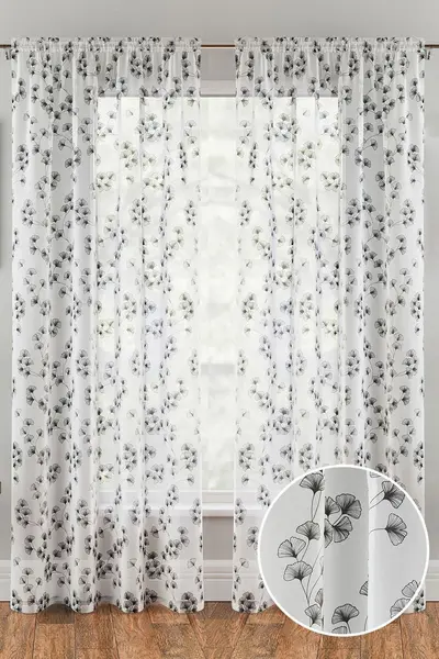 Image of Tyrone Textiles Delila Leaf Print Voile Panel - Pair Black