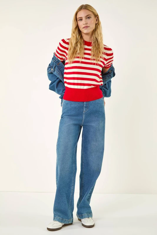 Image of Roman Womens Stripe Pointelle Knit Top in Red Size: 20 Red Female 20