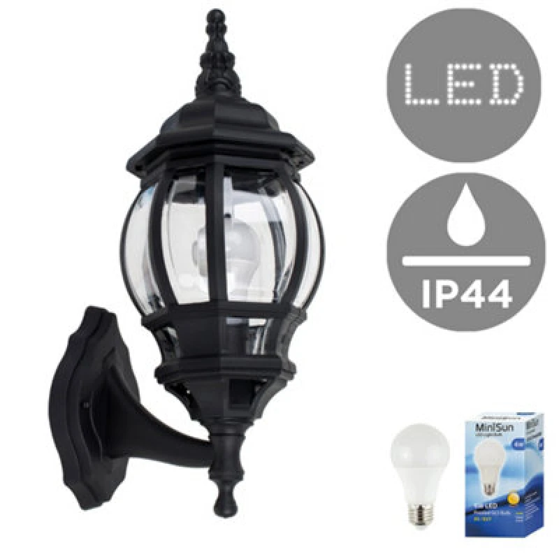 Image of Valuelights Windsor Ip44 Rated Black & Clear Outdoor Security Wall Light Lantern - Includes 6W LED Gls Bulb 3000K Warm White