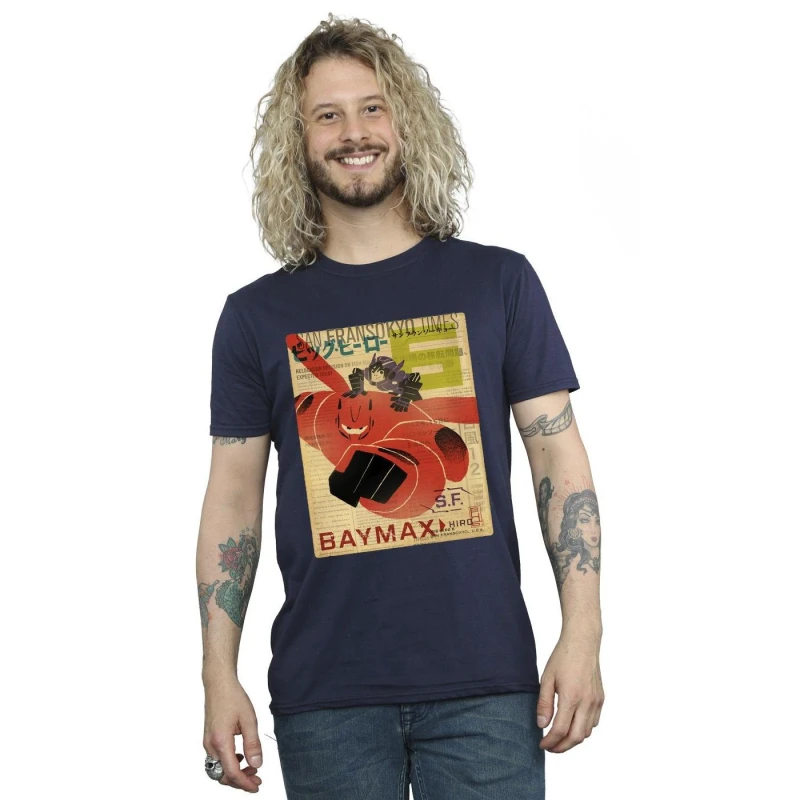 Image of Disney Men Big Hero 6 Baymax Flying Baymax Newspaper T-Shirt in Navy Size: Small Navy S Male 5059934865525