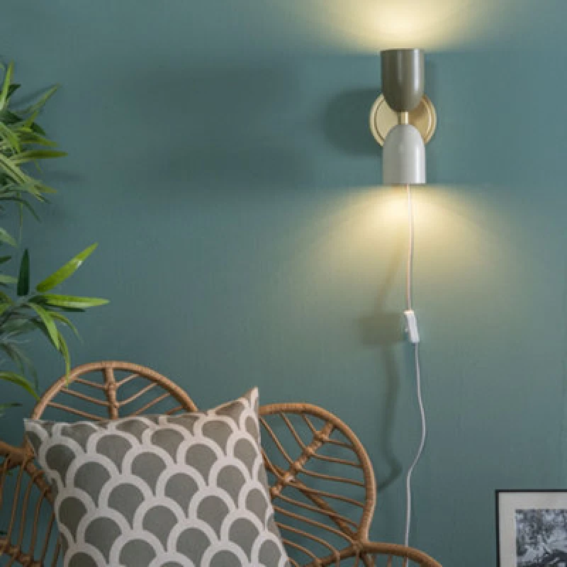 Image of Valuelights Tate Plug In Gold Up & Down Easy Fit Wall Light With Khaki / Cream Shades - Bulbs Included