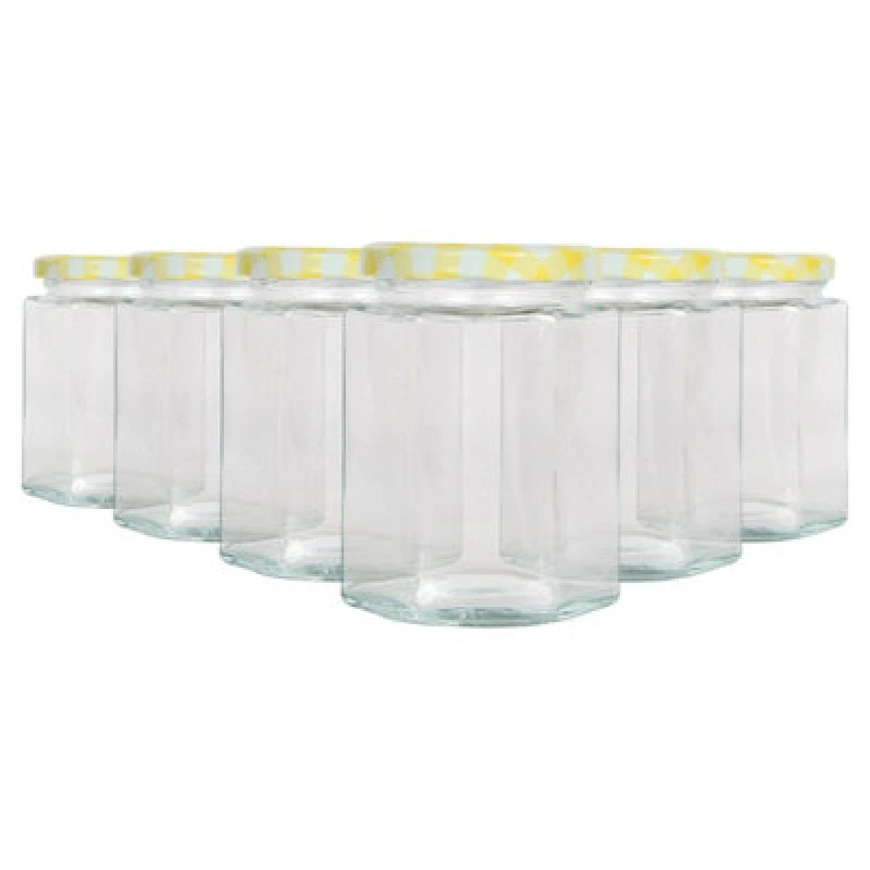 Image of Argon Tableware Hexagonal Glass Jam Jars With Yellow Gingham Lids - 250ml - Pack Of 6