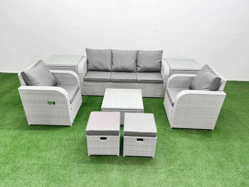 Image of Fimous PE Rattan Garden Furniture Set Reclining Chair Sofa Lounge Sofa Set Square Coffee Table 2 Side Table 2 Small Stools Light Grey Light Grey