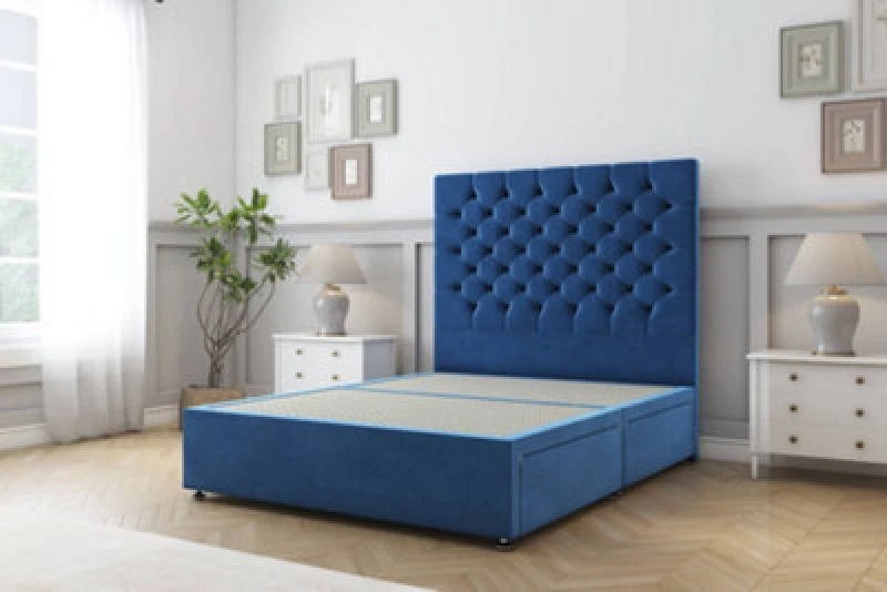 Image of Sloomy Mayfair Navy Plush Divan Bed Base No Drawers With 26" Strutted Headboard 2'6 Small Single