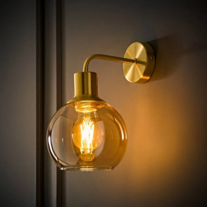 Image of Valuelights Bellamy Brushed Gold Amber Glass Wall Light With LED Bulb