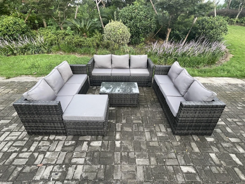 Image of Fimous Outdoor Lounge Sofa Set Wicker PE Rattan Garden Furniture Set with Oblong Coffee Table Big Footstool Dark Grey Mixed Dark Grey