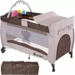 Image of Tectake - Travel cot Elephant 132x75x104cm with changing mat, play bar & carry bag - cot bed, baby travel cot, pop up travel cot - brown