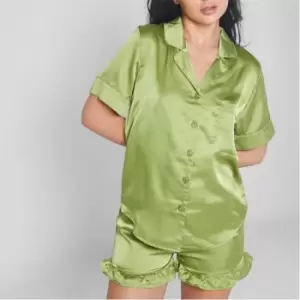 Missguided Satin Frill Detail Shirt and Shorts Pyjama Set - Green