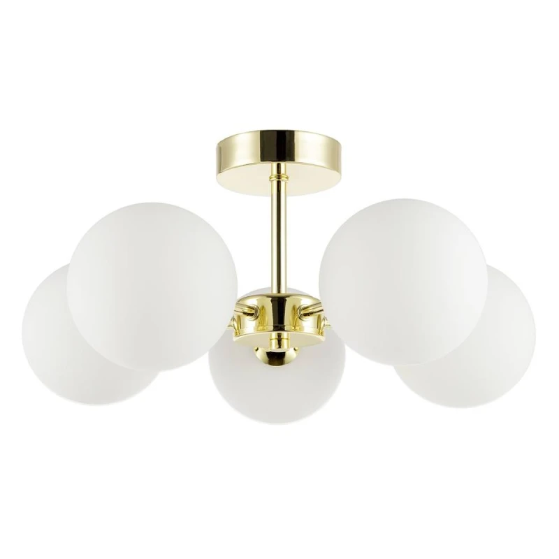 Image of Happy Homewares Chic Polished Gold 5-Arm Ceiling Light with White Globe Glass Shades Gold Unisex