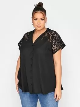 Image of Yours Clothing Lace Insert T-Shirt Blouse Black, Size 18, Women
