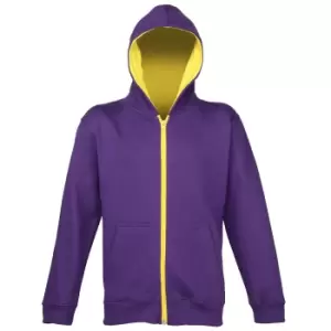 Image of Awdis Kids Unisex Varsity Hooded Sweatshirt / Hoodie / Zoodie / Schoolwear (3-4) (Purple/Sun Yellow)