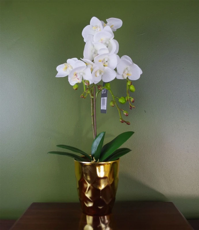 Image of Leaf 54cm Artificial Orchid Plant White with Gold Pot 5056750700191