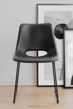 Image of Pair Of Faux Leather Black Dining Chairs With Black Metal Frame Legs