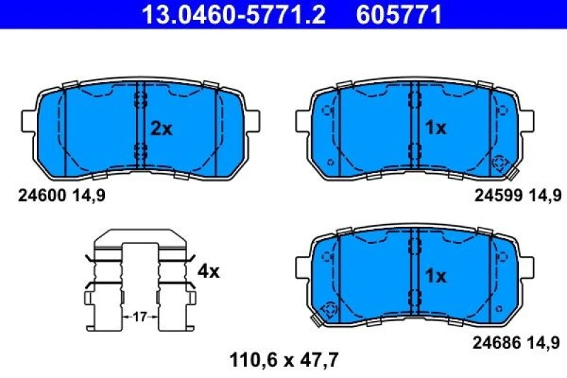Image of ATE 13.0460-5771.2 Brake pad set with acoustic wear warning, with accessories Brake Pad Set,disc brake (402)