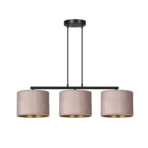 Hilde Black Bar Pendant Ceiling Light with Pink Fabric Shades, 3x E27