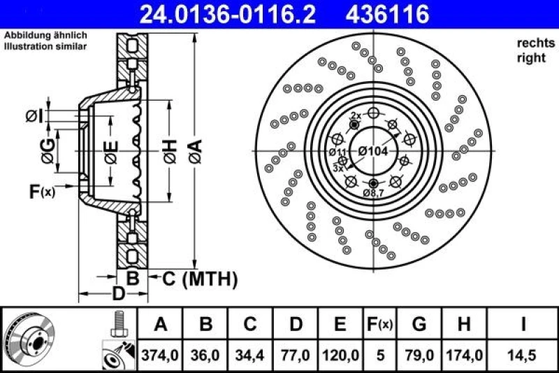 Image of ATE 24.0136-0116.2 Brake disc perforated/vented, Coated, High-carbon, with bolts/screws Brake Disc (82)