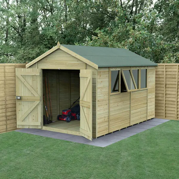 Image of 12' x 8' Forest Timberdale 25yr Guarantee Tongue & Groove Pressure Treated Double Door Apex Shed a 4 Windows (3.65m x 2.52m)