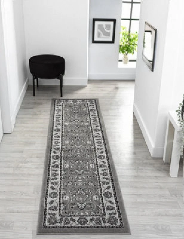 Image of Obsidian Modern Low Pile Area Rug - Classical Traditional Design Grey 60Cm X 220Cm