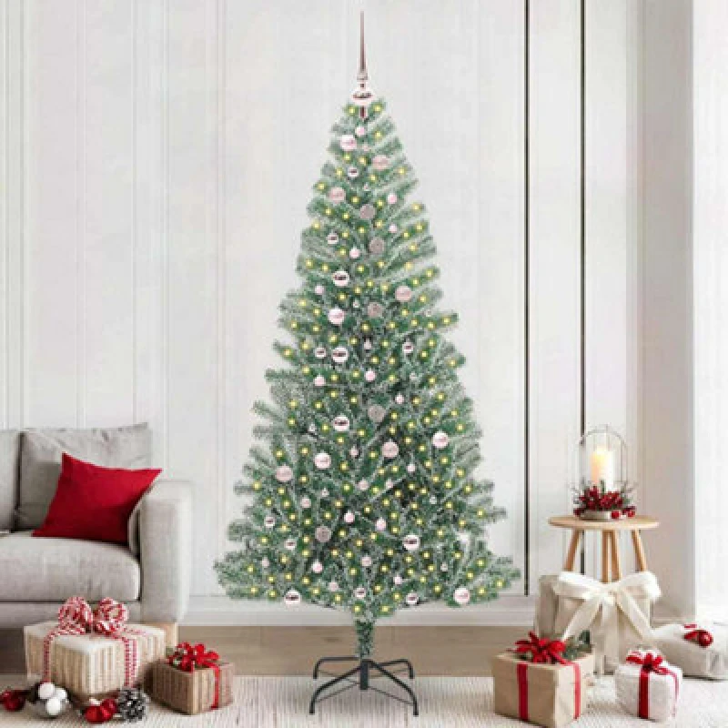 Image of vidaXL Artificial Christmas Tree Snow Flocked with LED Light, Pink Balls 240 cm, Green 3396835