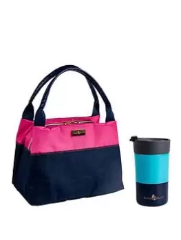 image of Beau & Elliot 'Colour Block' - New `Handbag Design' Insulated Lunch Tote - Pink/Navy (7 Litre) + Stainless Steel Insulated Travel Mug (300Ml) Aqua/Nav