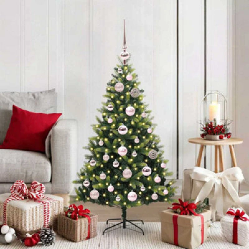 Image of vidaXL Artificial Hinged Christmas Tree 150 LEDs and Pink Balls Green 120 cm, Green 3395975
