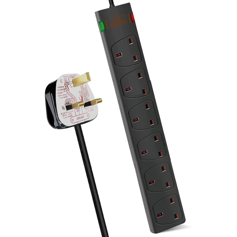 Image of EXTRASTAR 6 Gang Surge-Protected Extension Lead 1m Black 13A 5060577575177