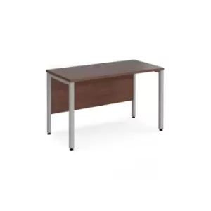 image of Office Desk 1200mm Rectangular Desk With Bench Leg Walnut Tops With Silver Frames 600mm Depth Maestro 25