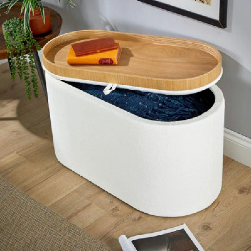 Image of Home Source Merida Boucle Reversible Table Top Tray Lid Storage Ottoman White