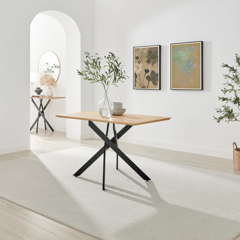Image of FurnitureboxUK FurnitureboxUK Leonardo Rectangular Oak Veneer and Black Metal 4 Seater Dining Table in Light Oak Light Oak One Size Unisex 50567843081