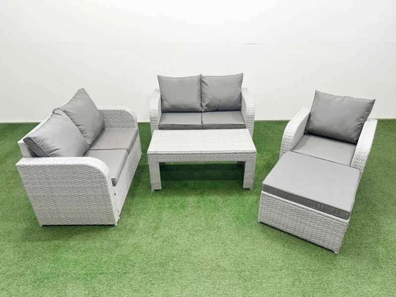 Image of Fimous High Back Poly Rattan Garden Furniture Set with Reclining Chair Loveseat Sofa Oblong Coffee Table Indoor Outdoor Patio Set Big Stool Light Gre