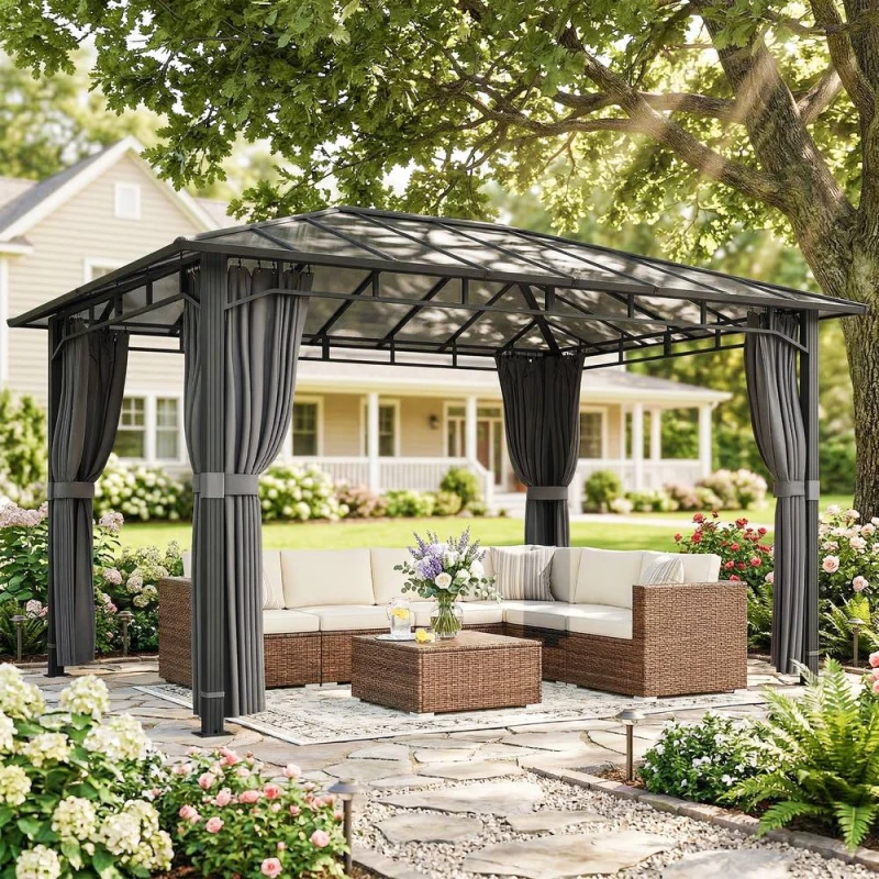 Image of OUTSUNNY 3 x 4m Hardtop Gazebo with PC Roof, Aluminium Frame, Dark Grey Size: 3m x 4m Dark Grey Unisex 3m x 4m