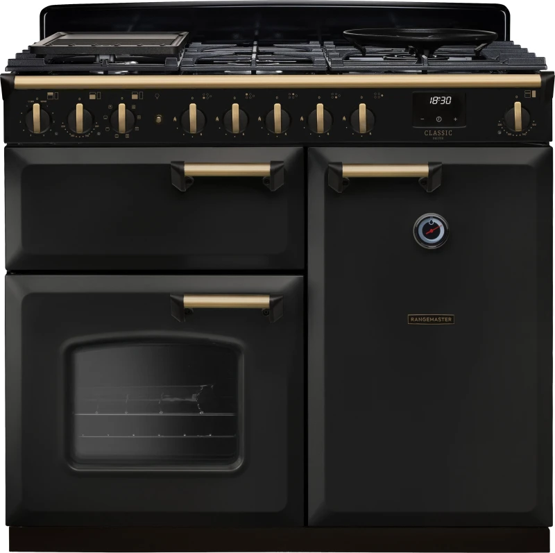 Image of Rangemaster Classic Deluxe 100 Dual Fuel CLDL100DFPCBL/AB1 100cm wide Dual Fuel Range Cooker with Gas Hob - Charcoal Black / Antique Brass - A Rated
