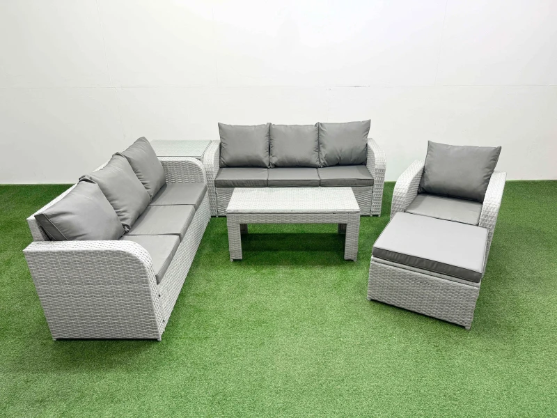 Image of Fimous 8 Seater Poly Rattan Outdoor Garden Furniture Oblong Coffee Table Sofa Set Patio 3 Seater Sofa Reclining Chair 3 Seater Sofa Big Footstool Side